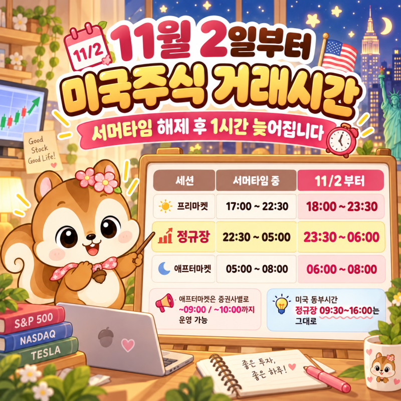 미국주식 거래시간 서머타임 해제: 11월 2일부터 정규장 한국시간 밤 11시 30분~아침 6시, 프리....