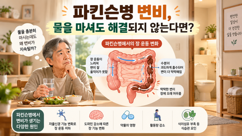 파킨슨병 변비, 며칠째 못 봤다면? 물과 식이섬유만으로 해결되지 않는 이유