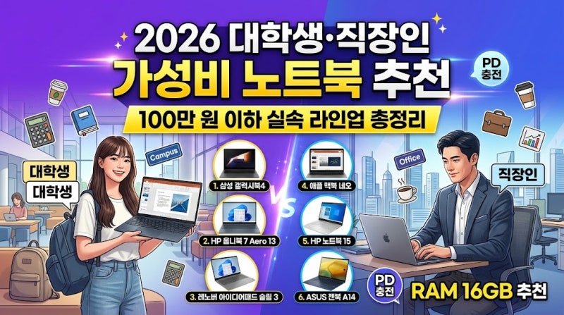2026년 대학생·직장인 가성비 노트북 추천 TOP 6, 100만 원 이하 실속 라인업 총정리