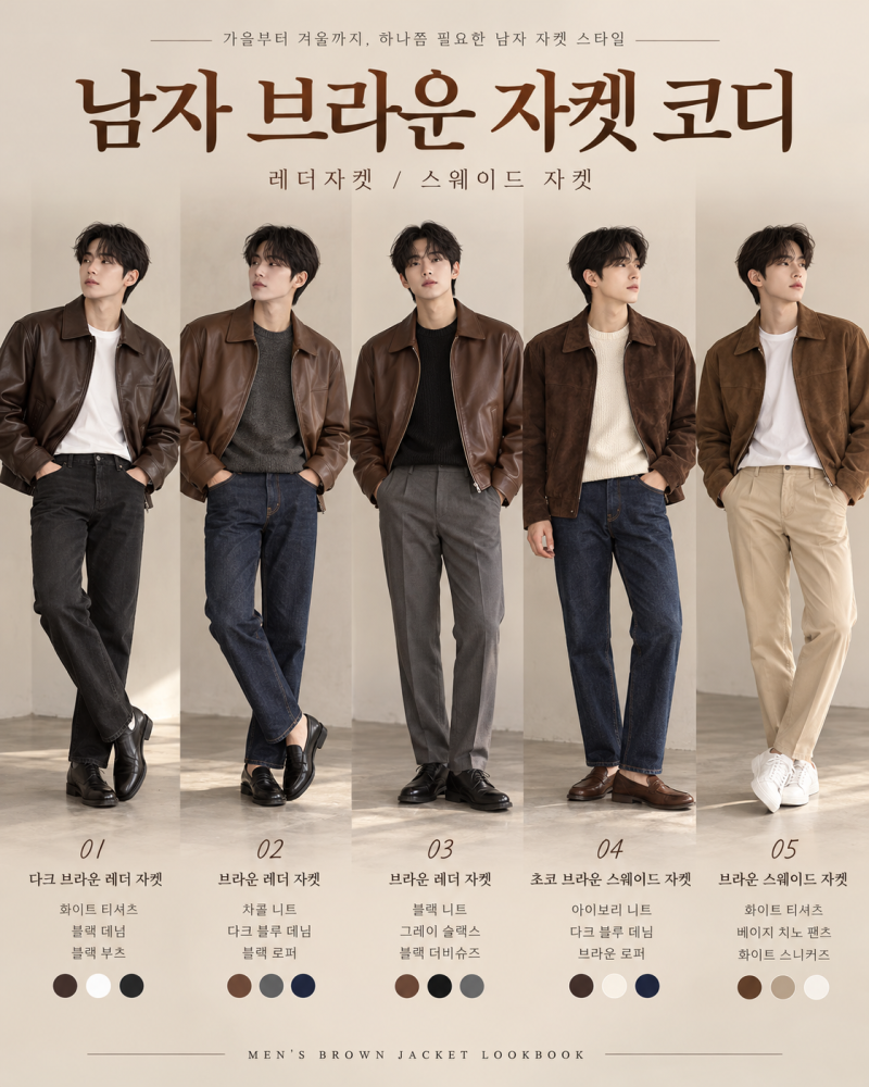 남자 브라운 자켓 코디, 레더와 스웨이드 이렇게 입어보세요