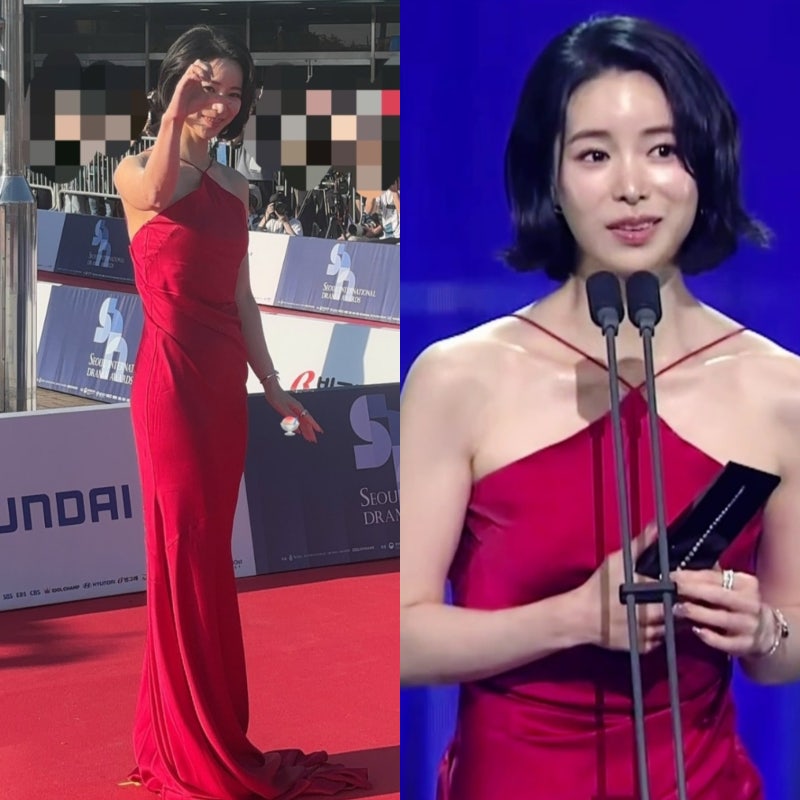 “목에 끈 하나만 걸쳤는데...” 임지연, 레드 시상식드레스의 아찔한 매력