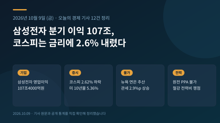 [2026년 10월 9일 경제뉴스] <b>삼성전자</b> 107조, 코스피 급락, 원전 PPA