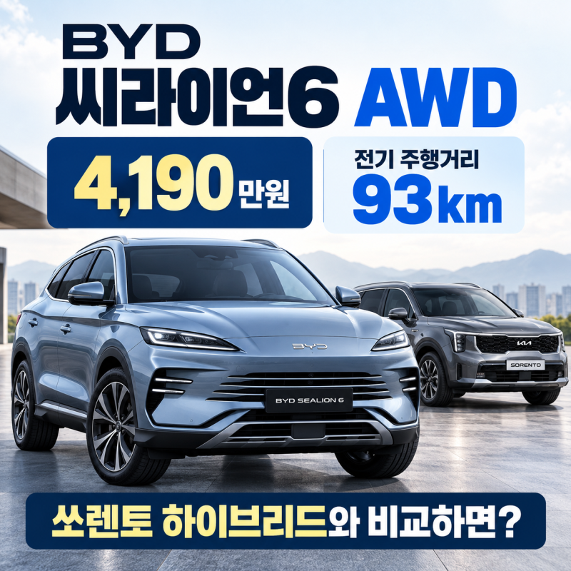 BYD 씨라이언6 AWD 가격 4190만원｜전기 93km 주행, 쏘렌토 하이브리드와 비교하면?