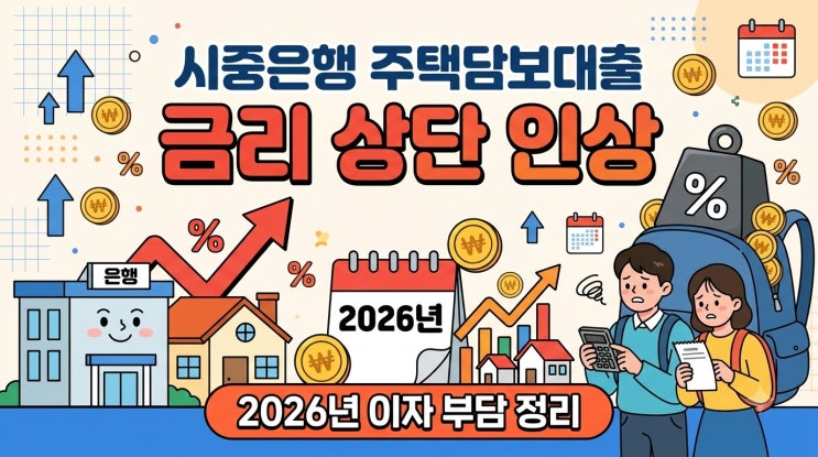시중은행 주택담보<b>대출</b> 금리 상단 인상 2026년 이자 부담 정리