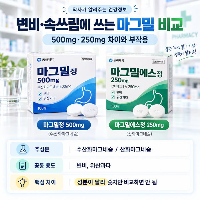 변비·속쓰림에 쓰는 마그밀정 vs 마그밀에스, 500mg·250mg 차이와 부작용