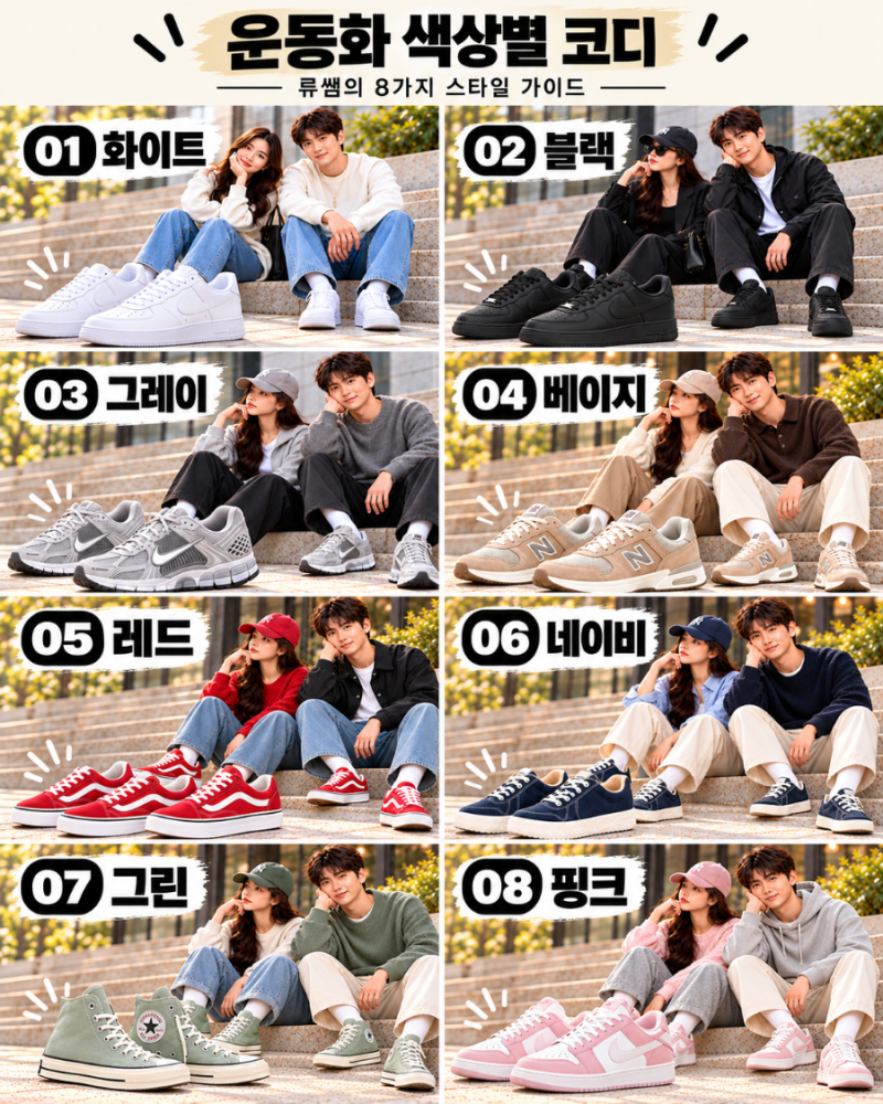 운동화 색상별 코디 8가지｜화이트부터 핑크까지 류쌤 스타일 가이드
