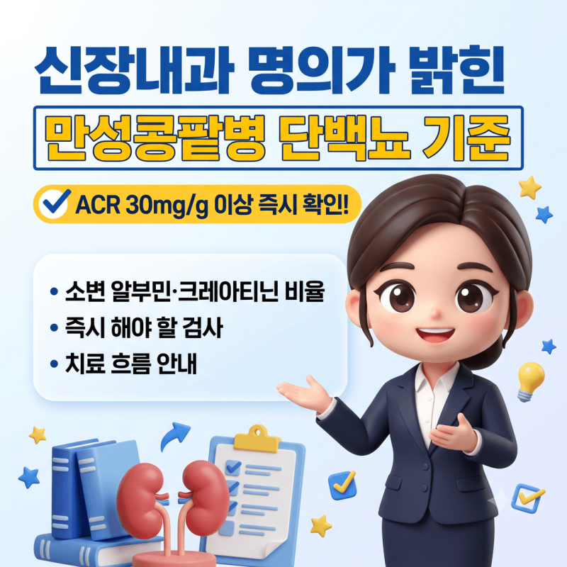 신장내과 명의가 밝힌 만성콩팥병 단백뇨 기준, 소변 알부민·크레아티닌 비율(ACR) 30mg·g 이....