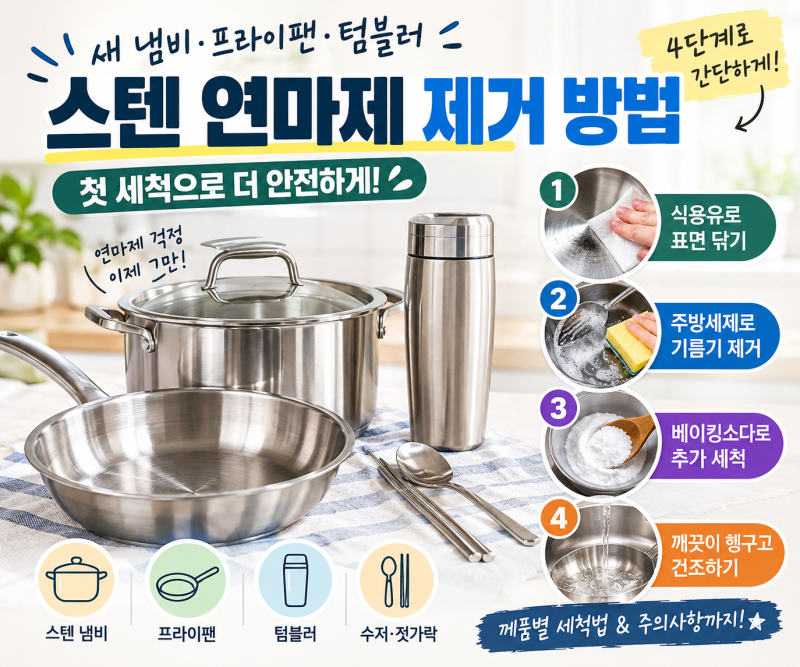 스텐 연마제 제거 방법 총정리 새 냄비·프라이팬·텀블러 첫 세척법