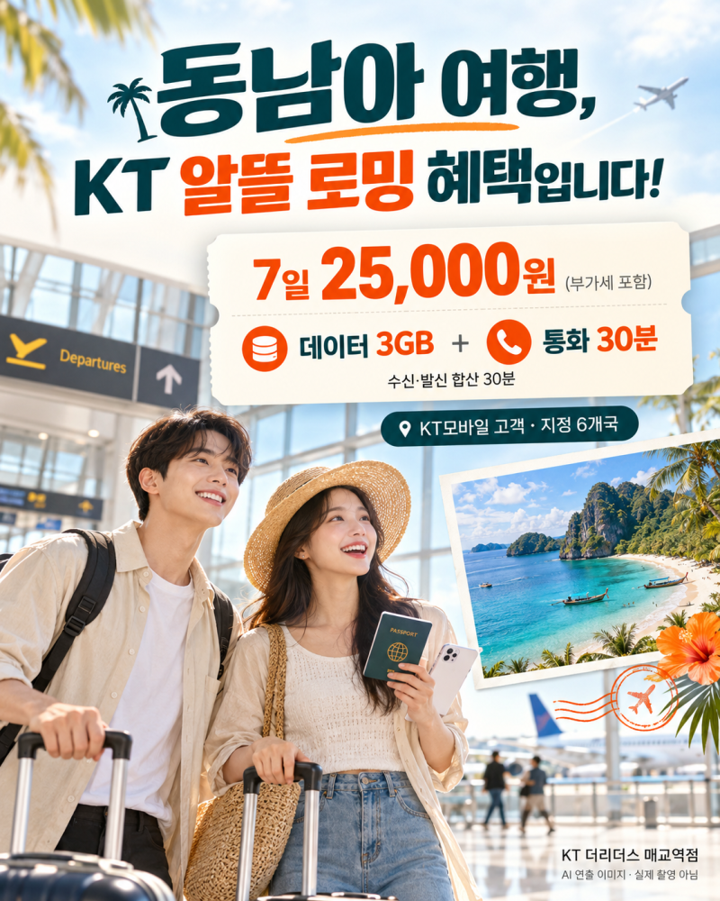 동남아 여행 KT 알뜰 로밍 혜택｜7일 25,000원·3GB+통화 30분·6개국