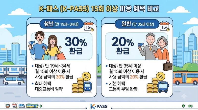 대중교통 15회 이상 이용 시 K패스 청년 환급률 및 일반 혜택 비교