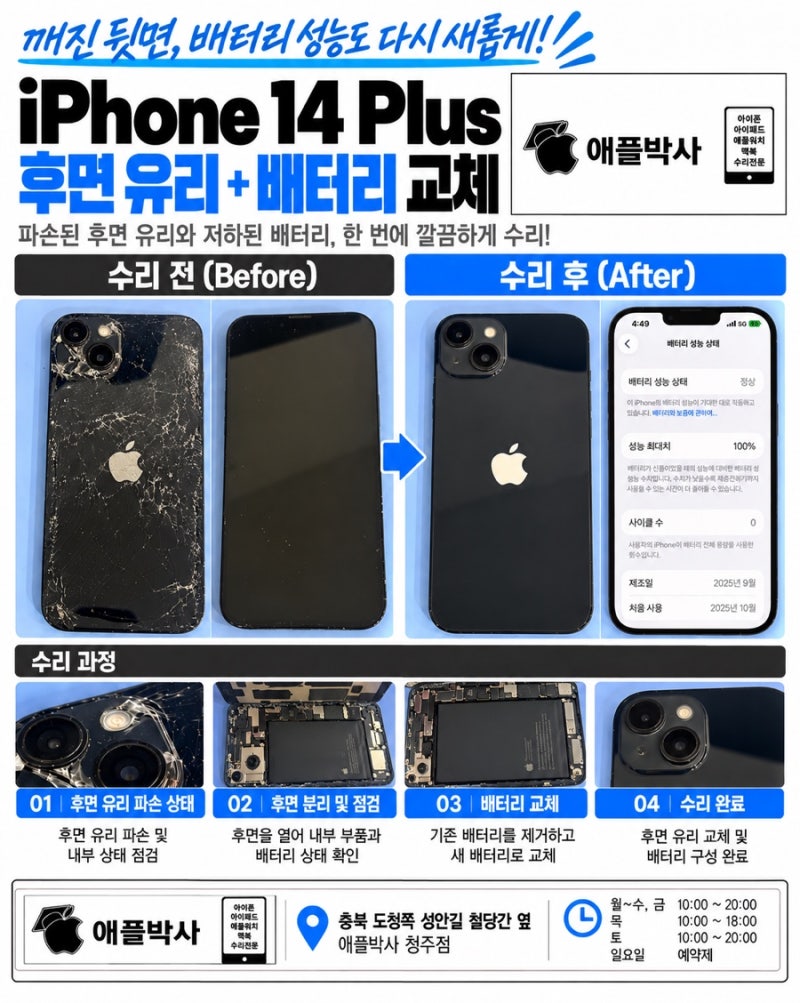 청주 아이폰14 플러스 후면 유리 파손 및 배터리 교체 후기｜애플박사 청주점