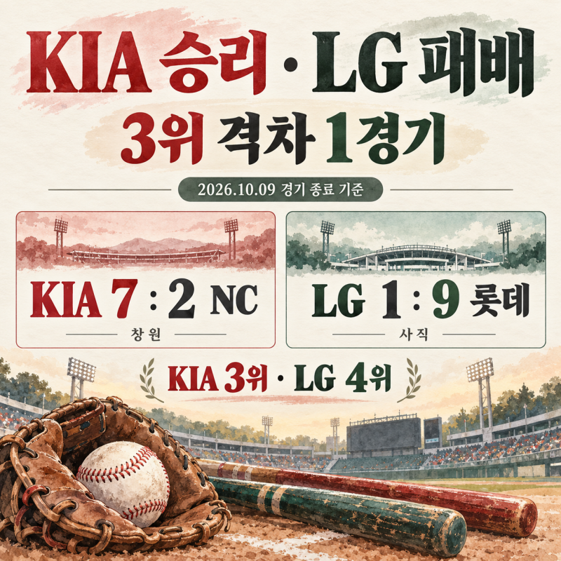 KIA 승리·LG 패배, 3위 격차 1경기｜10월 9일 KBO 결과와 남은 경우의 수