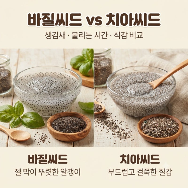 바질씨드와 치아씨드 차이점｜생김새·불리는 시간·식감 비교