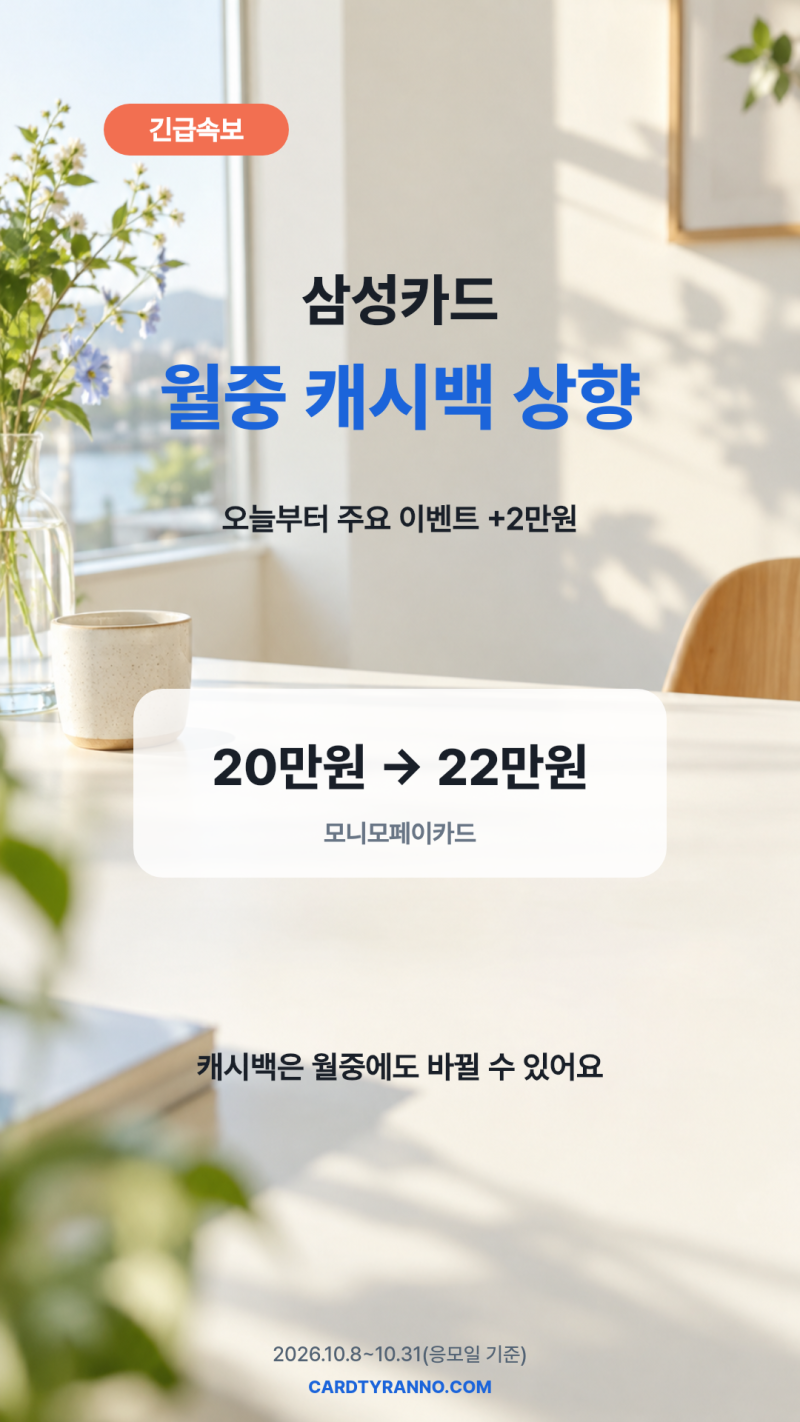 삼성카드 월중 캐시백 상향, 8개 상품 현금 2만원씩 올랐어요
