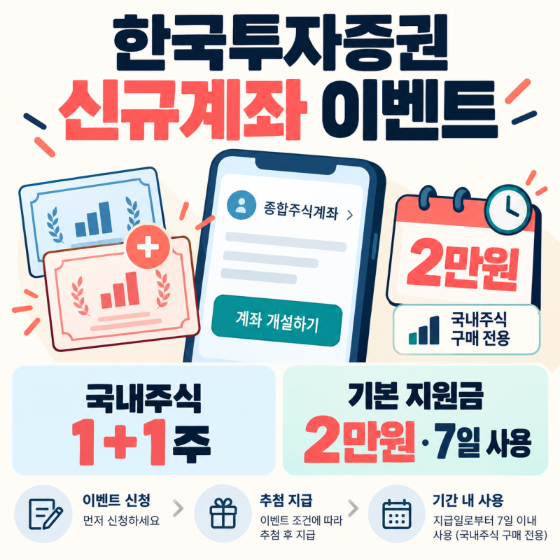한국투자증권 신규계좌 이벤트, 국내주식 2주·2만원 받는 방법과 7일 주의사항