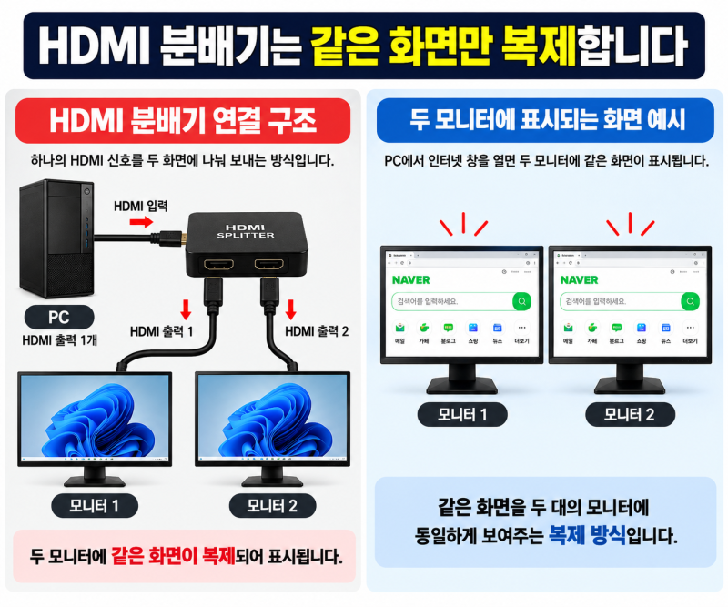 HDMI 분배기로 듀얼모니터 확장 가능할까? 복제와 확장 차이