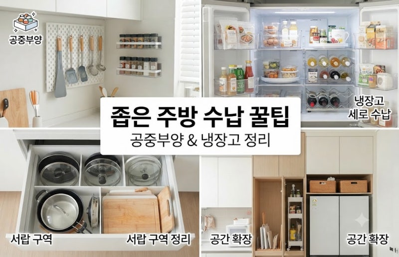 좁은 주방 수납공간 2배 넓히는 공중부양 수납법과 냉장고 정리 정돈 팁