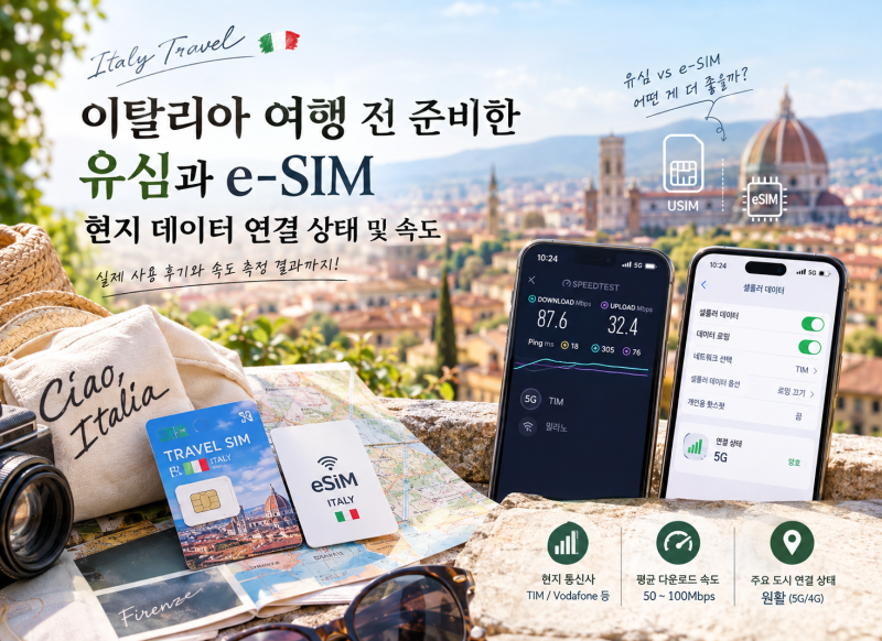 이탈리아 여행 전 준비한 유심과 e-SIM 현지 데이터 연결 상태 및 속도