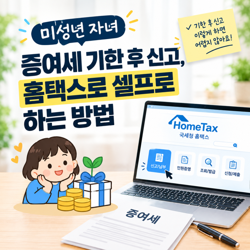 미성년 자녀 증여세 기한 후 신고, 홈택스로 셀프로 하는 방법