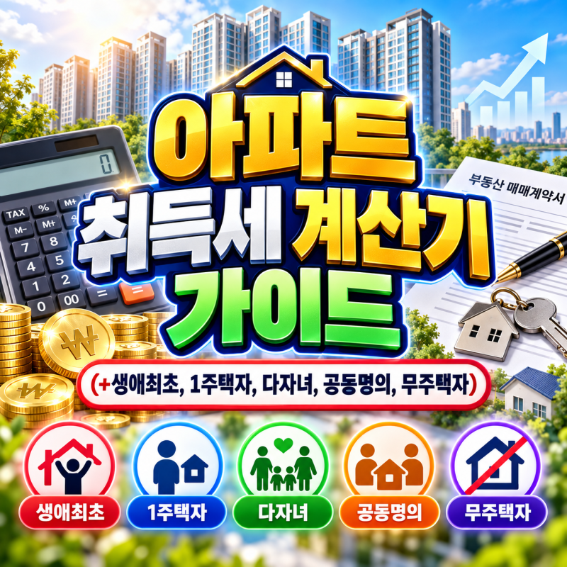 아파트 취득세 계산기 가이드(+생애최초,1주택자, 다자녀, 공동명의, 무주택자)