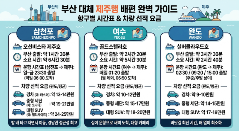 부산 제주 대체 배편 삼천포 여수 완도 (시간표, 차량 선적 요금 비교)