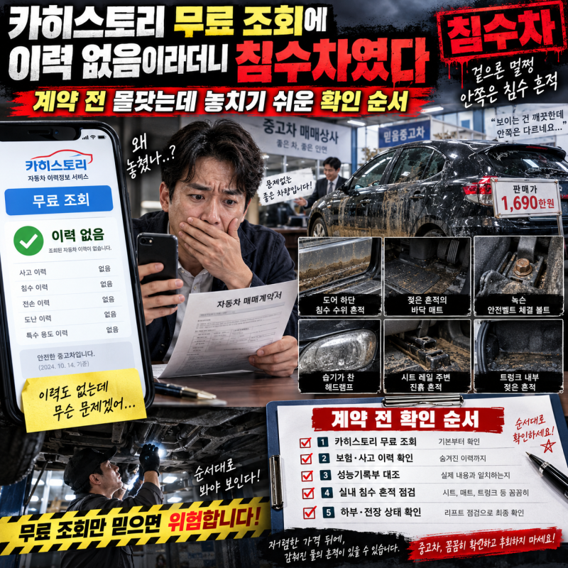 카히스토리 무료 조회에 이력 없음이라더니 침수차였다, 계약 전 몰랐는데 놓치기 쉬운 확인....
