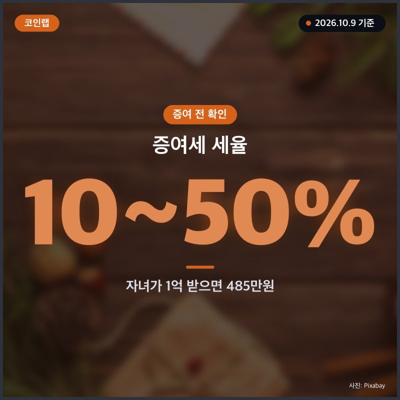 증여세 세율 10~50% 구간표, 자녀가 1억 받으면 485만원