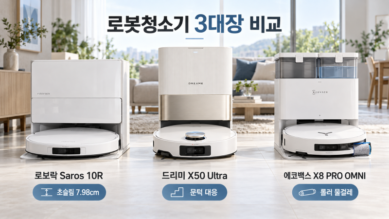[팩폭리뷰] 로봇청소기 추천 3종 비교! 로보락·드리미·에코백스, 문턱과 물걸레 냄새까지