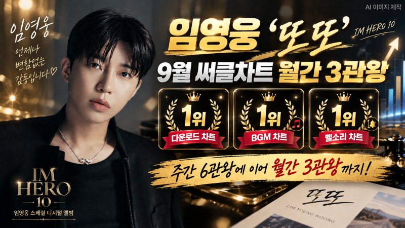 임영웅 ‘또또’ 9월 써클차트 3관왕…다운로드·BGM·벨소리 모두 1위, 주간 6관왕 이어 기록