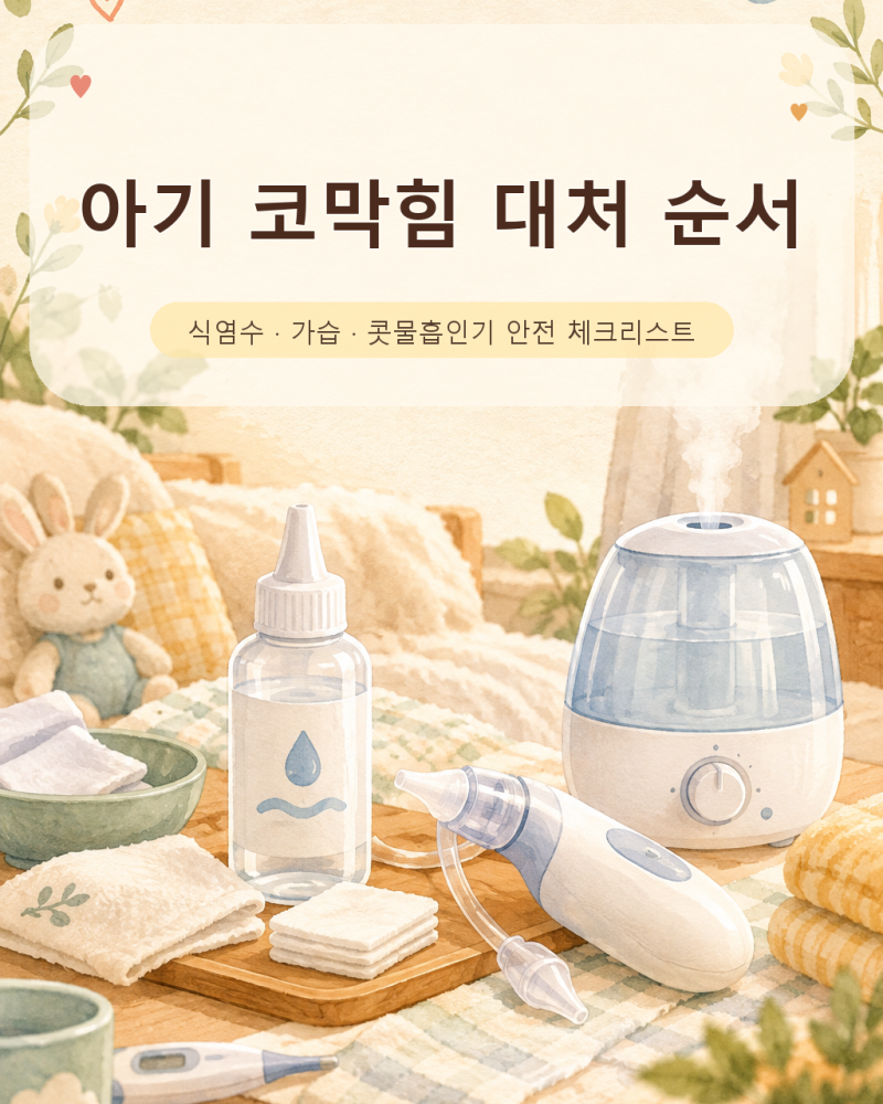 아기 코막힘 대처 순서｜식염수·가습·콧물흡인기 안전 체크리스트