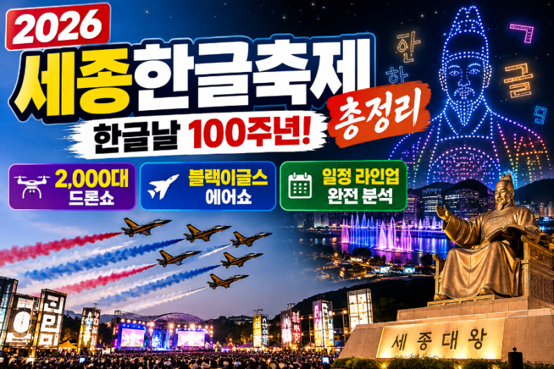 [2026 세종한글축제 총정리] 한글날 100주년! 2,000대 드론쇼·블랙이글스 에어쇼·일정 (+무료주....