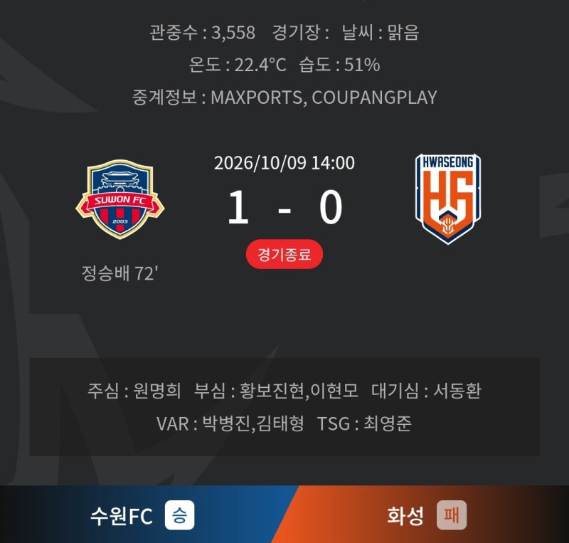 [K리그2] 261009~1011_K리그2 2026 "28R" 경기결과