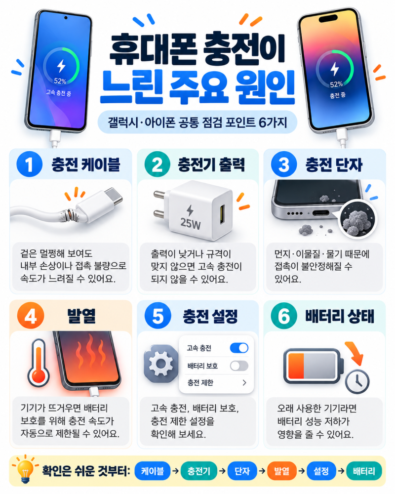 갤럭시·아이폰 충전이 느릴 때, 케이블·충전기·단자 어디가 문제인지 구분법