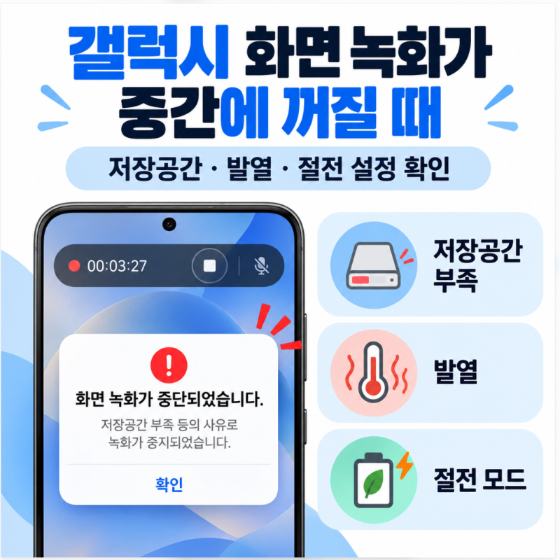 갤럭시 화면 녹화가 중간에 자동으로 꺼질 때 해결 방법｜저장공간·발열·절전 설정 확인