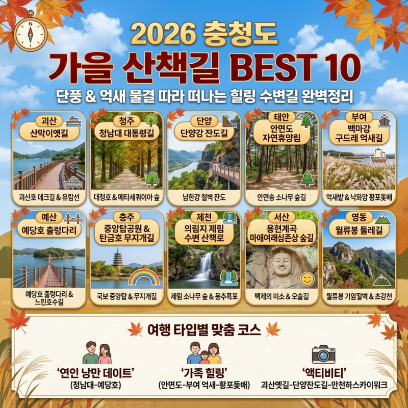 충청도 10월 가볼만한곳 단풍 산책길 명소 베스트 10 코스 및 숨은 가을 힐링 수변길 완벽정리