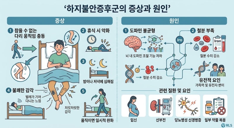 밤에 자려고 누우면 다리가 왠지 불편하고 움직여야 한결 편해져요. 하지불안증후군이란 무....