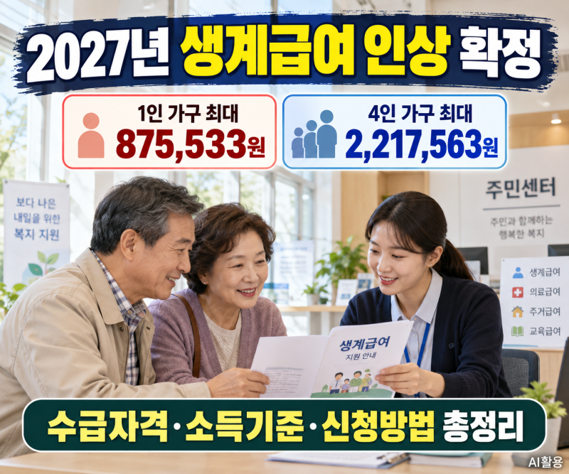 2027년 생계급여 인상 확정! 1인 가구 87만 원·4인 가구 221만 원, 수급자격부터 신청방법까지 ....