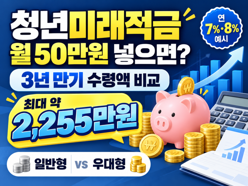 청년미래적금 월 50만원 넣으면 얼마?｜3년 만기 수령액·7% 8% 금리 비교