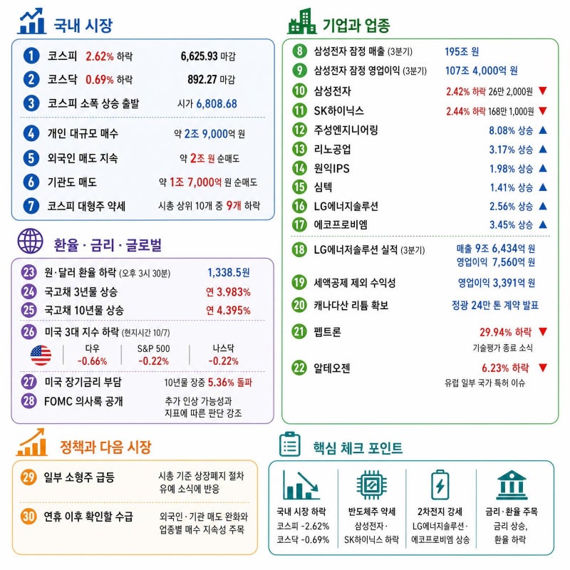 2026년 10월 10일 토요일 증시 돌아보기 — 삼성전자 최대 실적에도 코스피는 왜 하락했을까?