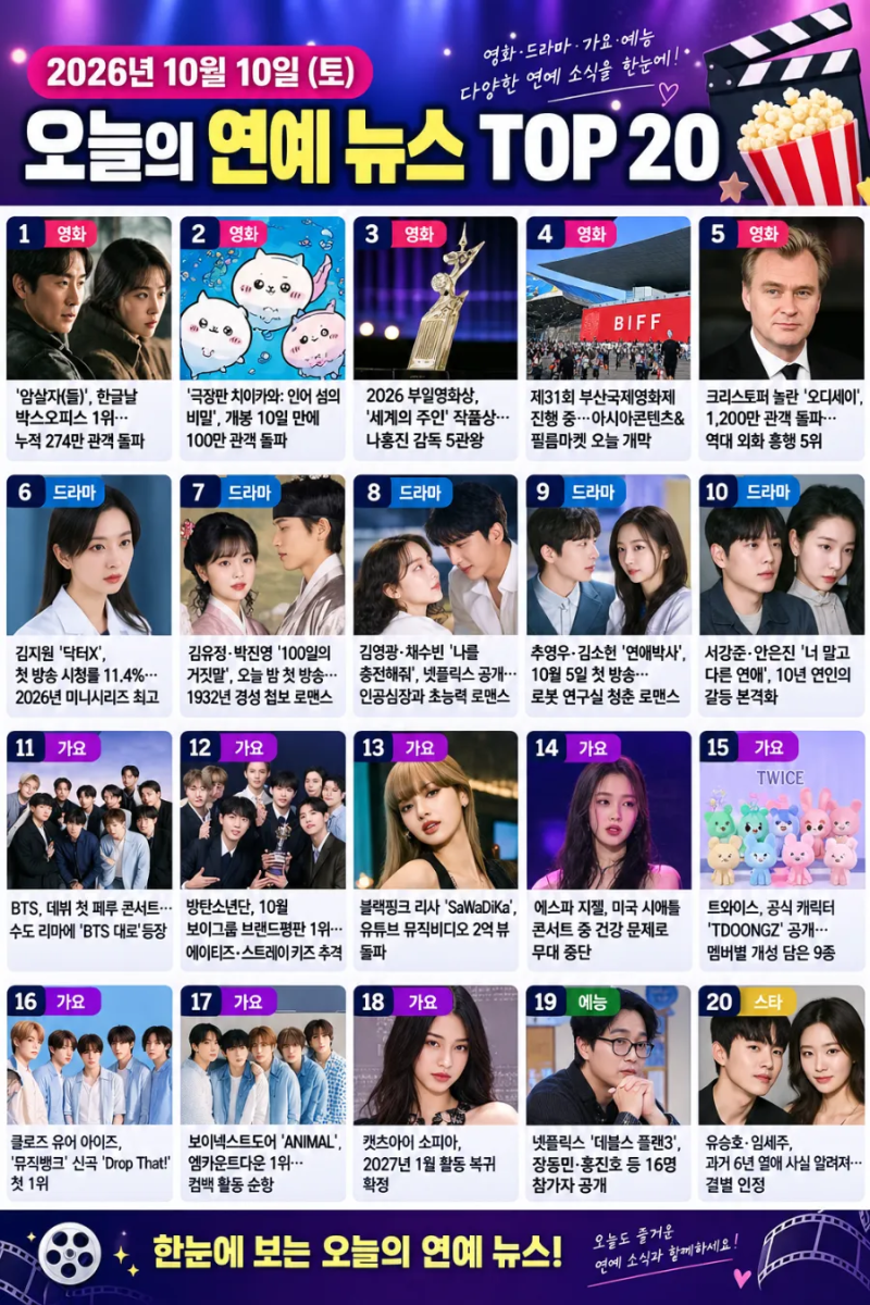 2026년 10월 10일 토요일 주요 연예 뉴스 TOP 20｜김지원 닥터X 11.4%·암살자들 274만·BTS 페루 콘서....