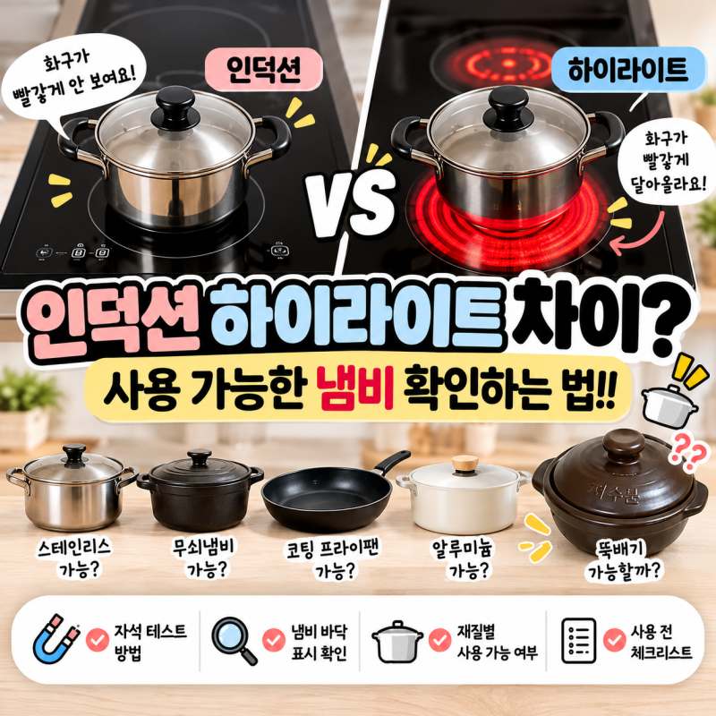 인덕션 하이라이트 차이? 냄비 사용 가능 여부 확인법부터 뚝배기까지