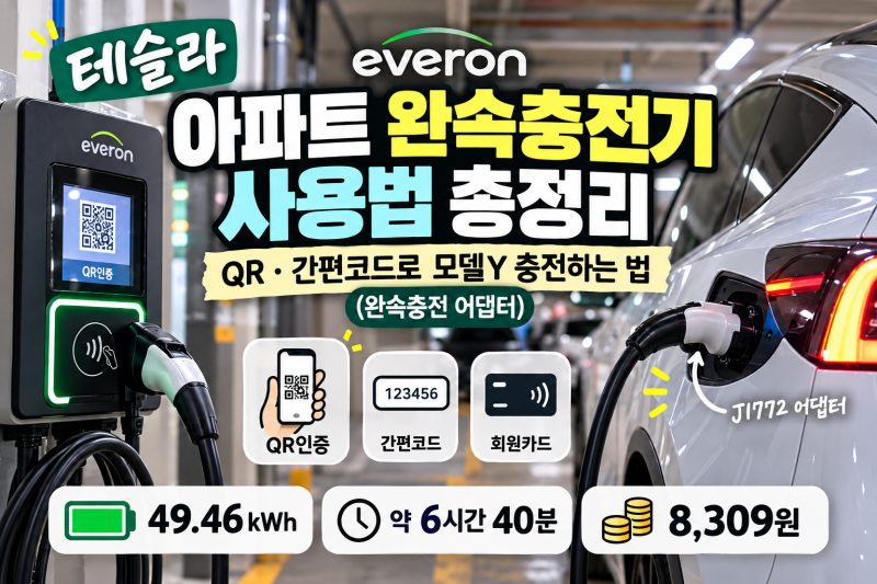 [테슬라 충전방법] [에버온 충전] 아파트 완속충전기 사용법 총정리, QR·간편코드로 모델Y 충....