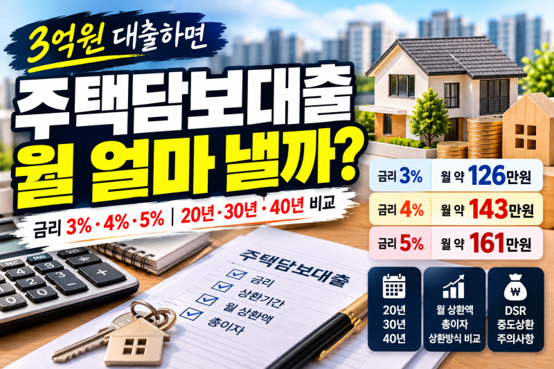 주택담보대출 3억 받으면 월 얼마 낼까?｜금리 3%·4%·5%, 20년·30년·40년 비교