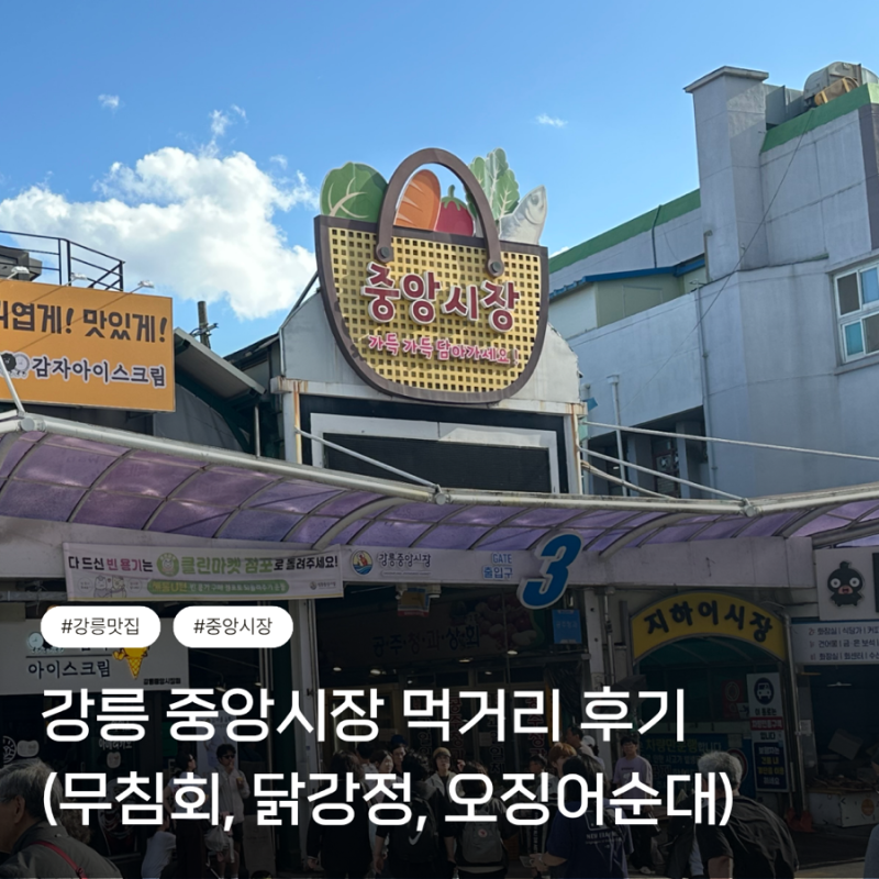 [강원/강릉] 강릉 중앙시장 먹거리 후기(소문난 무침회, 배니닭강정, 황금오징어순대)