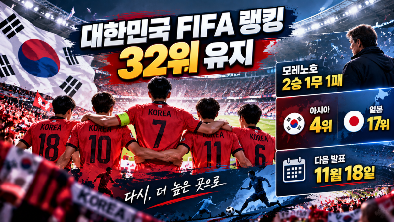한국 축구 FIFA 랭킹 32위 유지｜모레노호 2승 1무 1패, 일본과 순위 차이는?