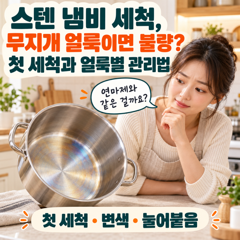 스텐 냄비 세척, 무지개 얼룩이면 불량? 첫 세척과 얼룩별 관리법