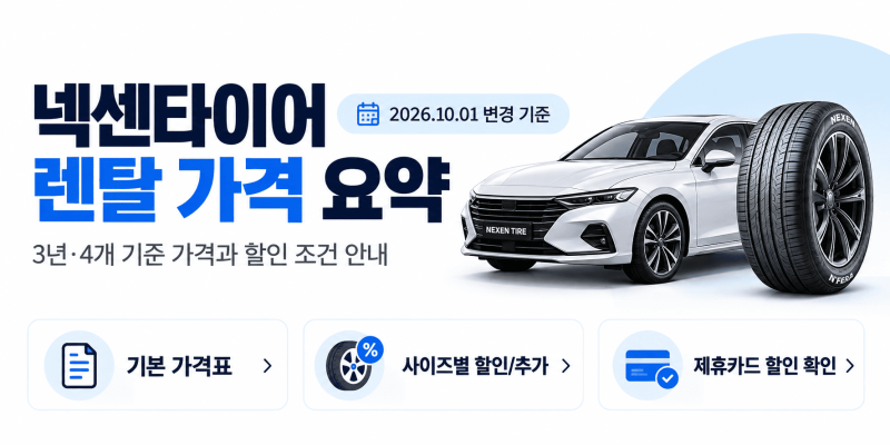 넥센타이어 렌탈 가격표 총정리｜2026년 10월 변경 기준 3년·4개 렌탈료 안내