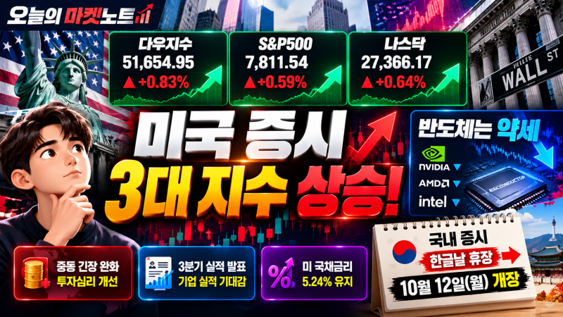 2026년 10월 9일 미국 증시｜다우·나스닥 동반 상승, 한글날 휴장 후 국내 증시 전망