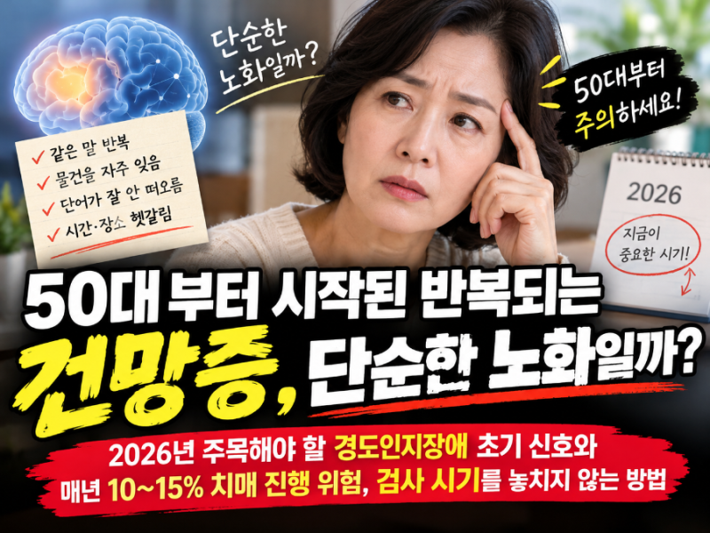 50대부터 시작된 반복되는 건망증, 단순한 노화일까? 2026년 주목해야 할 경도인지장애 초기 ....
