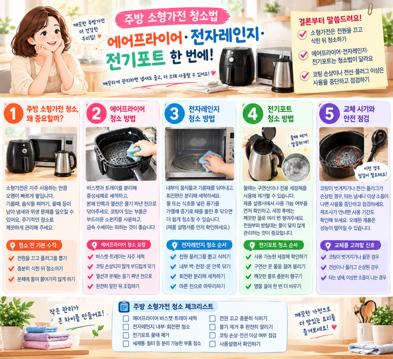 주방 소형가전 청소법, 에어프라이어·전자레인지·전기포트 한 번에